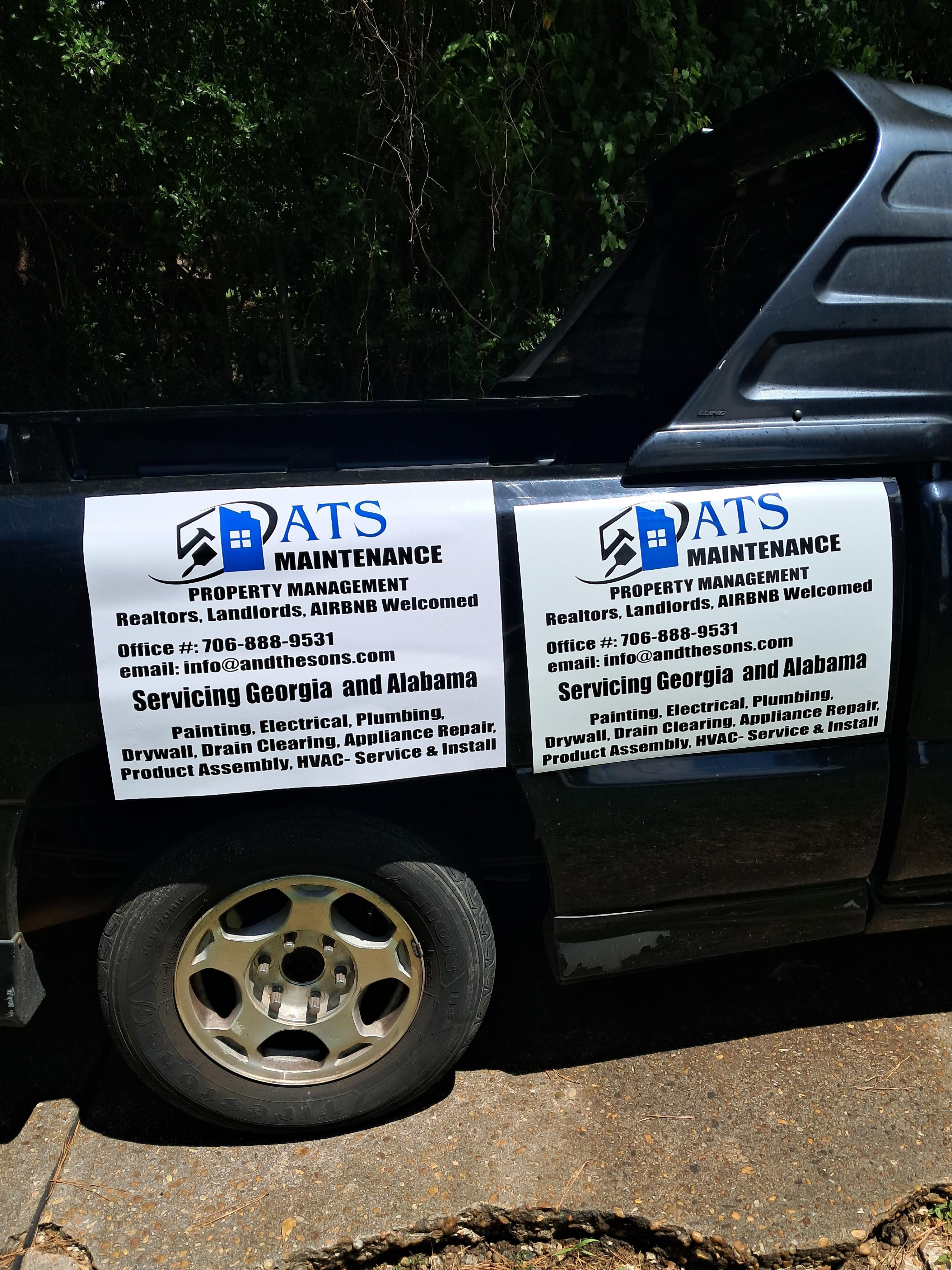ATS Maintenance custom business vehicle magnets installed on a truck