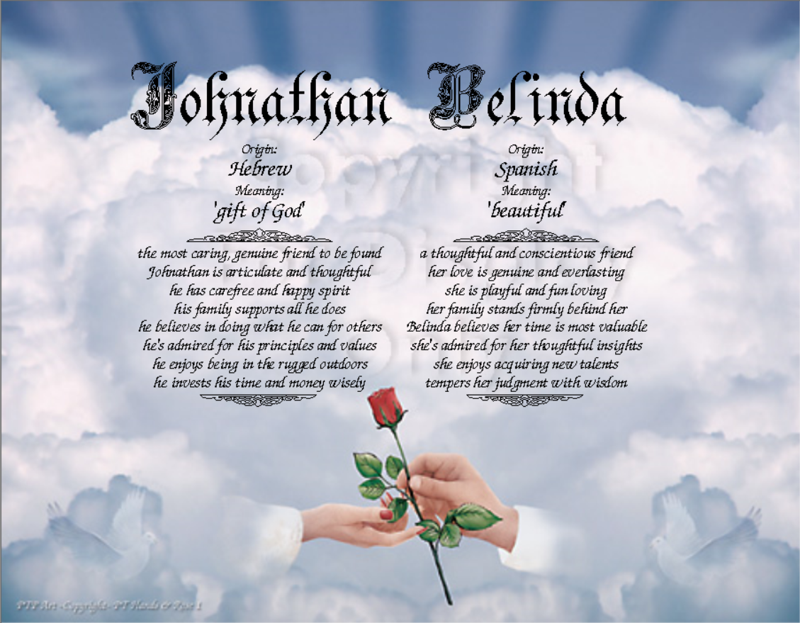 Personalized Jonathan and Belinda name meaning print with clouds and a rose