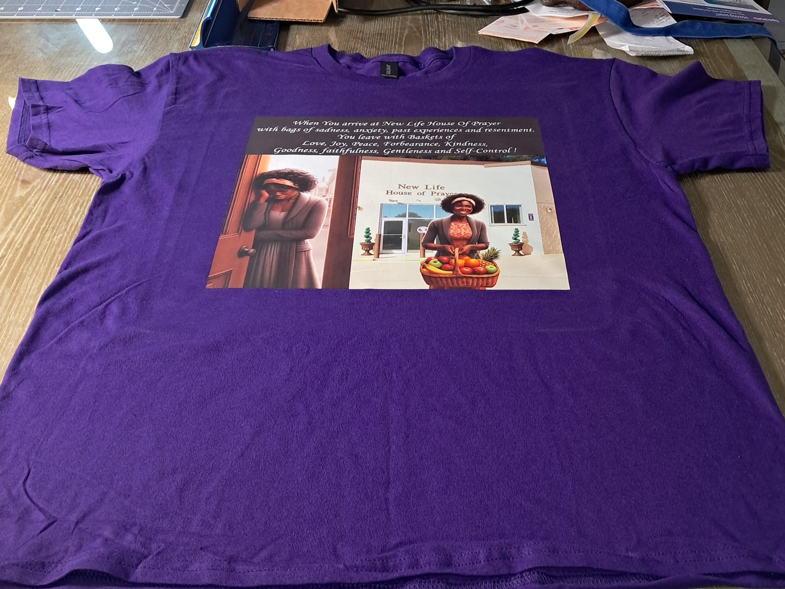 Mrs. Evelyn's custom purple printed T-shirt