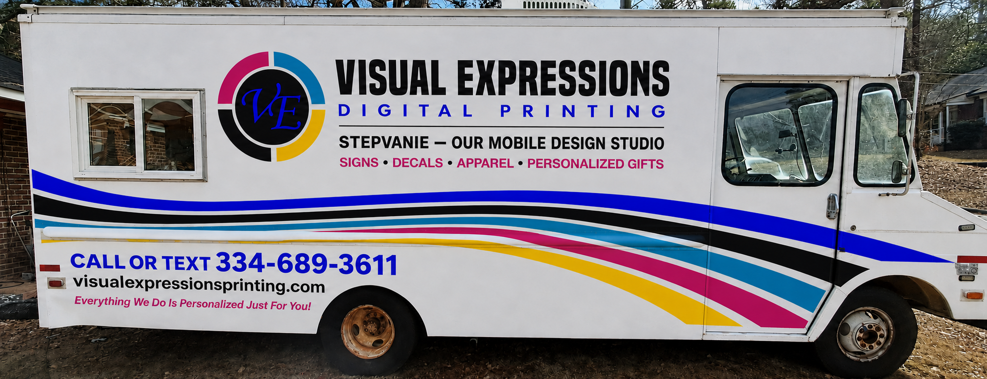 Passenger-side graphics render of Stepvanie with its service window